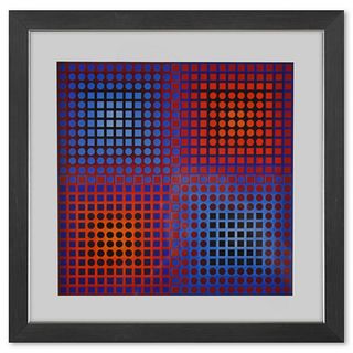 Victor Vasarely (1908-1997), "EG - 1 - 2 de la sÃ©rie Folklore Planetaire" Framed 1971 Heliogravure Print with Letter of Authenticity