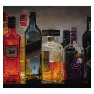 Vicente Romero, "Bottles Illuminating the Night" Hand Signed Limited Edition Giclee on Canvas with Certificate of Authenticity.