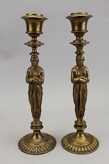 19th C. Bronze French Empire Figural Candlesticks