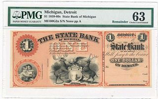1859-60s $1 State Bank of Michigan Bank Note PMG Ch. UNC63