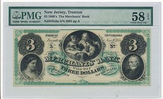 1860s $3 The Merchants Bank Note PMG Ch. UNC58
