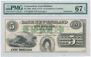 1860s $5 Bank of N.E. at Goodspeed's Landing PMG Superb Gem UNC67
