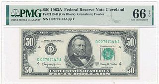 1963A $50 Federal Reserve Note Cleaveland Fr#2113-D PMG Gem Unc66