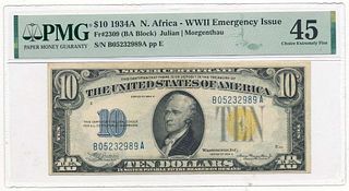 1934A $10 N. Africa WWII Emergency Issue Bank Note Fr#2309 PMG Choice XF45