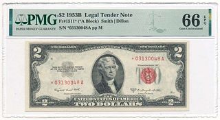 1953B $2 Legal Tender Note Fr#1511 PMG Gem Unc66 