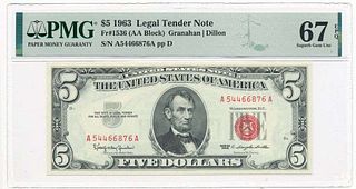 1963 $5 Legal Tender Note Fr#1536 PMG Superb Gem Unc67