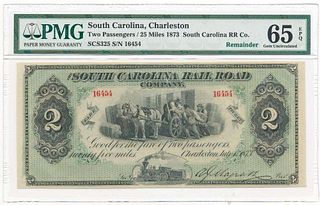 1873 $2 South Carolina Rail Road Co. Fare Ticket PMG Gem Unc65