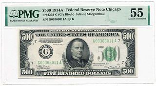 1934A $500 Federal Reserve Note Chicago Fr#2202-G PMG AU55