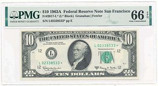 1963A $10 Federal Reserve Note San Francisco Fr#2017-L* PMG Gem Unc66