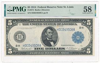 1914 $5 Federal Reserve Note St. Louis Fr#874 PMG Ch. AU58