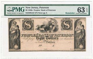 1830s $8 Peoples Bank of Paterson PMG Ch. Unc63