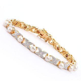 Plated 18KT Yellow Gold 6.25ctw Pearl and Diamond Bracelet