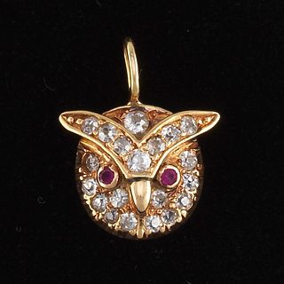 Vintage Gold, Diamond and Ruby Owl Pendant 