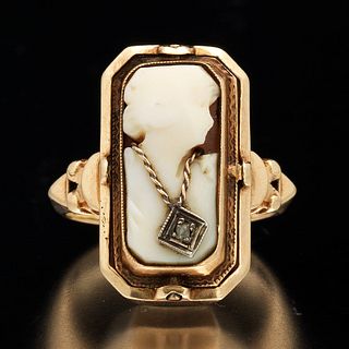 Victorian Gold, Black Onyx, cameo and Diamond Flip Ring 