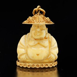 Retro Italian Gold and Carved Bone Laughing Buddha Charm Pendant 