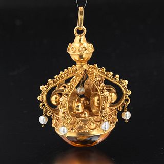 Retro Impressive Italian Gold, Seed Pearls and Amber Citrine Imperial Crown Pocket Watch Fob  