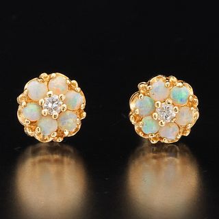 Ladies' Pair of Gold, Opal and Diamond Ear Studs 