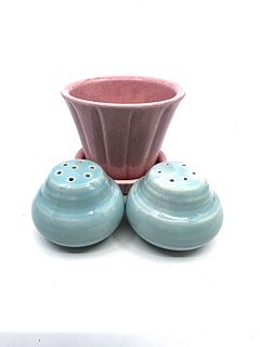 Mcoy pink pottery planter pot and two salt and peppers