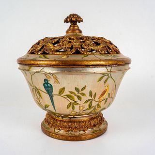 Vintage Wood Lidded Bowl, Birds and Flowers