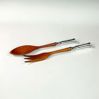 2pc Vintage Wood and Sterling Silver Salad Servers