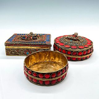 3pc Chinese Tibetan Brass and Enamel Lidded Boxes