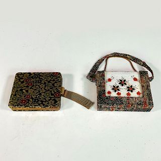 2 Vintage Silk Embroidered Metal Makeup and Card Case