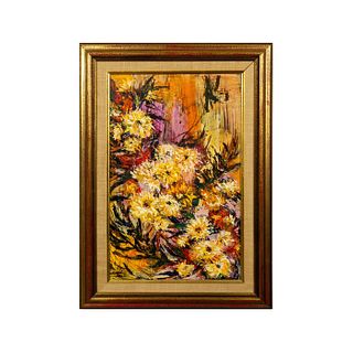 Carol Bell (American, 20th c.) Signed Oil on Board Painting, Floral