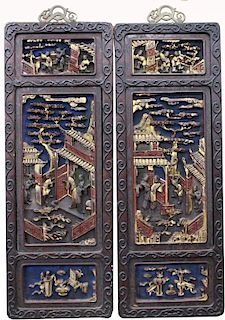 Carved Chinese Figural Architectural Panels, Pair