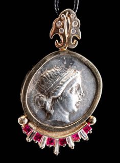 Greek Aeolis Kyme AR Coin Pendant w/ Rubies & Diamonds