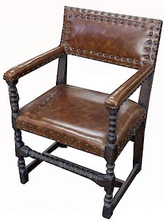 18th C. Turned Jacobean Style Oak Arm Chair
