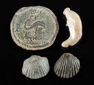 4 Roman Lead, Bronze & Shell Seal, Weights, & Pendant