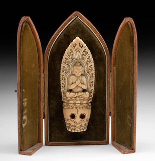 19th C. Nepalese Bone Buddha & Skull Diadem Plaque