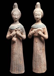 Pair of Chinese Tang Pottery Female Musician Figures