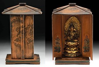 19th C. Japanese Edo Gilt Wood Zushi Shrine Bato Kannon