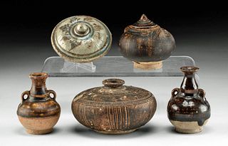 Four 14th C. Thai Sawankhalok Pottery Vessels & 1 Lid