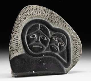 20th C. Inuit Stone Relief w/ Figures, Peter Echalook