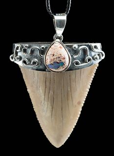 Mexican Opal / Fossilized Shark Tooth Pendant
