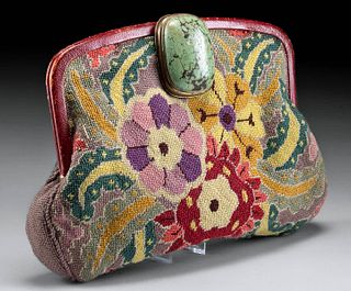 1920's USA Needlepoint Floral Purse w/ Turquoise Clasp