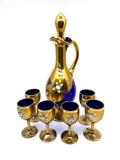 Set of Bohemian cobalt blue and china flowers decanter and glasses