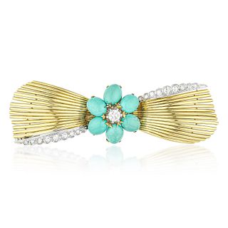 Vintage Turquoise and Diamond Bow Brooch