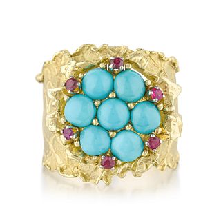 Turquoise and Ruby Gold Ring