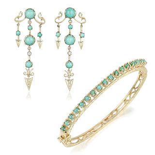 Turquoise and Diamond Earrings and Turquoise Bangle Set