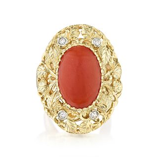 Vintage Coral Diamond Gold Ring