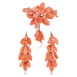 Set of Antique Coral Earrings and Brooch