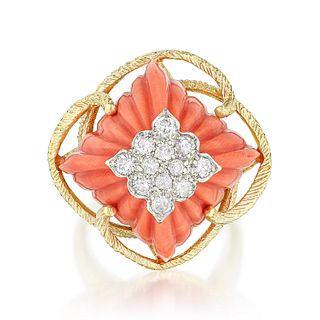 Carved Coral and Diamond Cocktail Ring