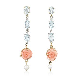 Coral Aquamarine and Pearl Earrings
