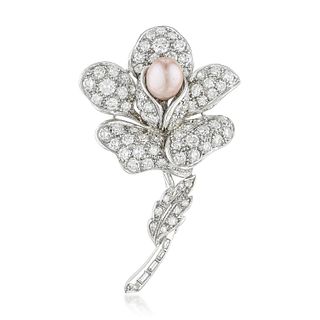 Pearl and Diamond Flower Brooch with Box