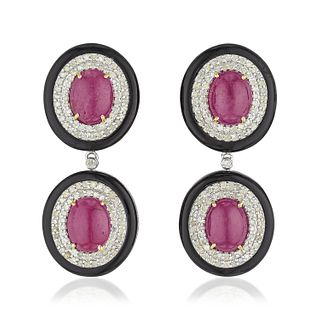 Ruby Onyx and Diamond Earrings, GIA Certified