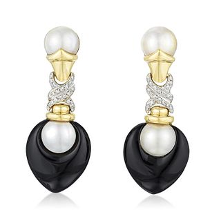 Pearl Onyx and Diamond Drop Earrings, Italian