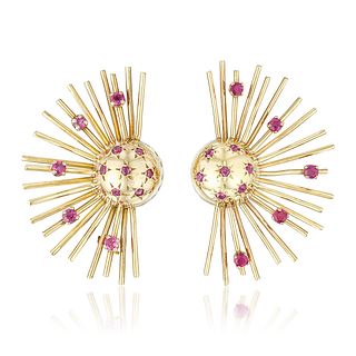 Retro Pink Sapphire Ruby and Gold Earclips